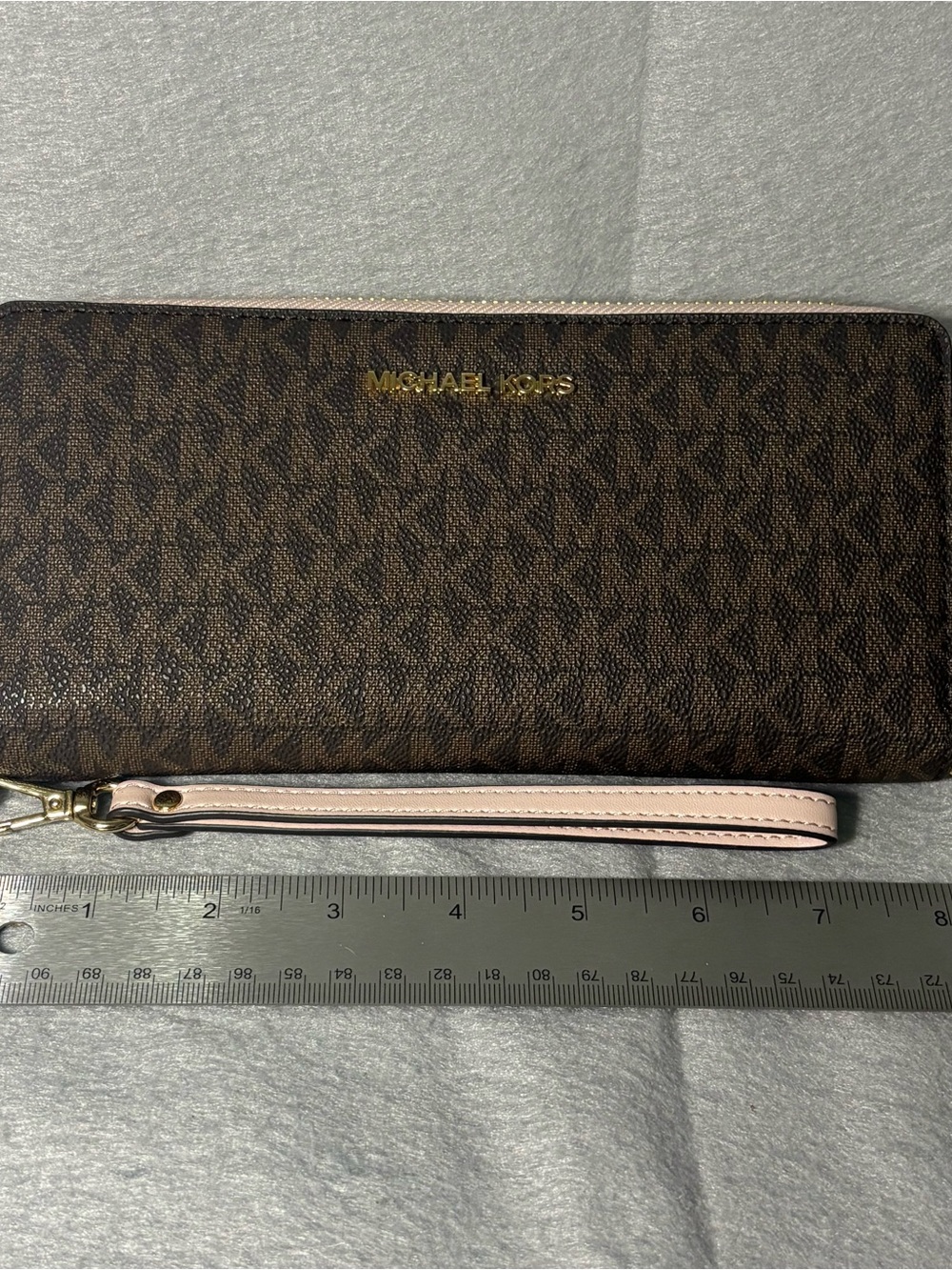 Michael Kors Brown Logo Wristlet with Light Pink Strap and Gold Hardware